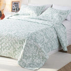 Kasentex Spring Lightweight Botanical Green Floral Quilt Set - Light All Season Bedding, Room Decor, Graduation Gifts