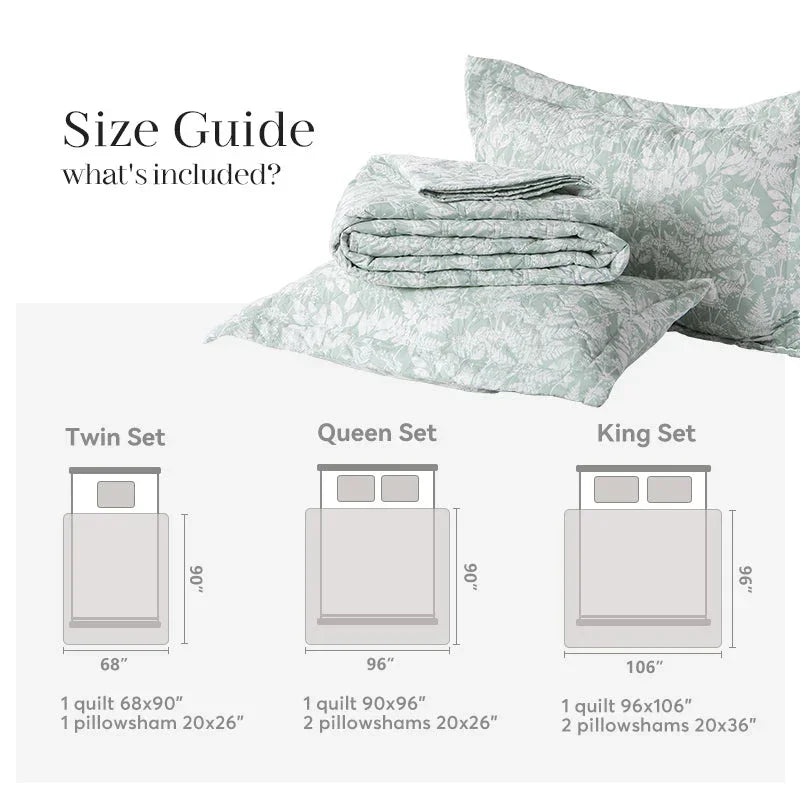 Kasentex Spring Lightweight Botanical Green Floral Quilt Set - Light All Season Bedding, Room Decor, Graduation Gifts