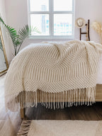 Soft gray Khera throw blanket, woven natural fibers, fringed edges - House of Avana