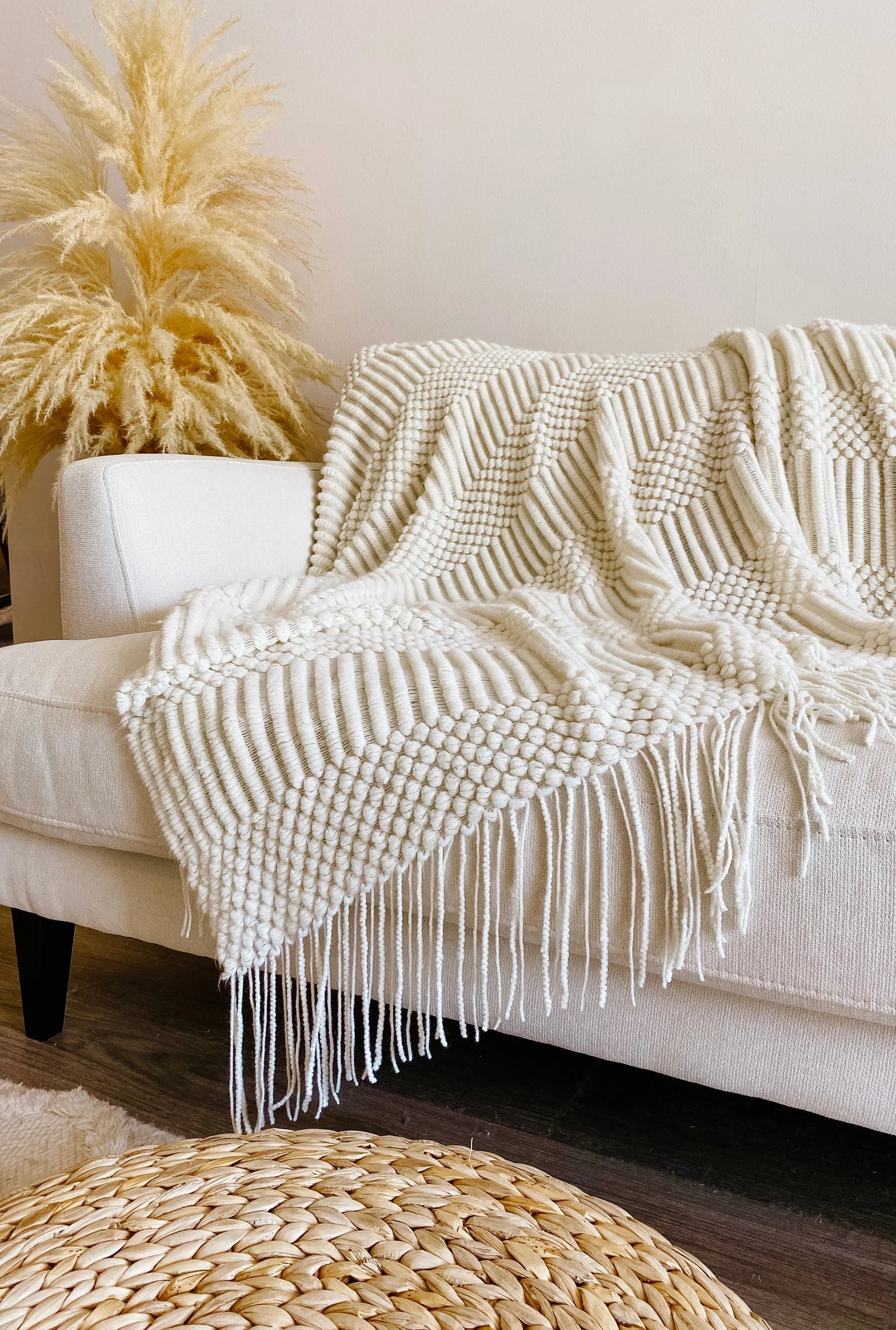 Soft gray Khera throw blanket, woven natural fibers, fringed edges - House of Avana