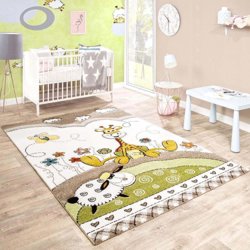 Kid's Rug Cosmo with Baby Giraffe & Sheep in Beige Cream RugYourHome