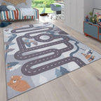 Kids Play Rug For Nursery Road With Forest Animals grey blue RugYourHome