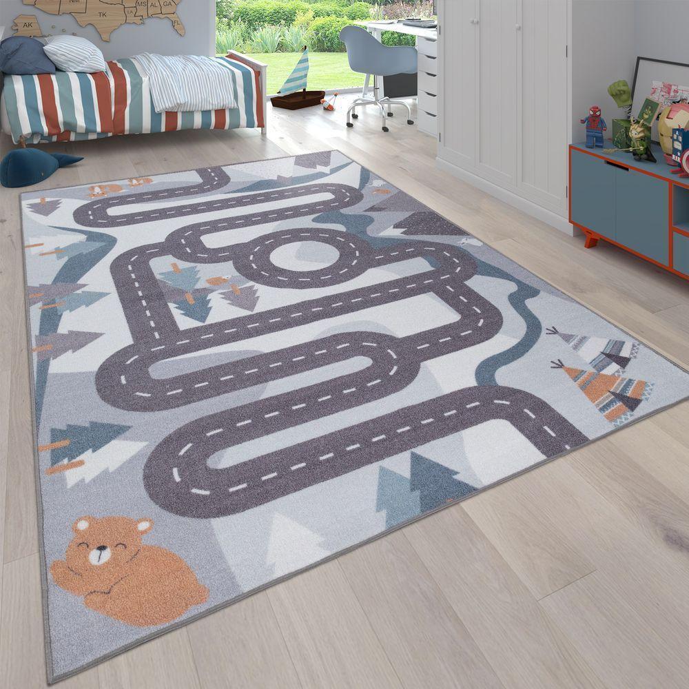 Kids Play Rug For Nursery Road With Forest Animals grey blue RugYourHome