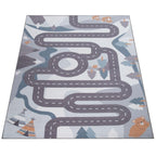 Kids Play Rug For Nursery Road With Forest Animals grey blue RugYourHome