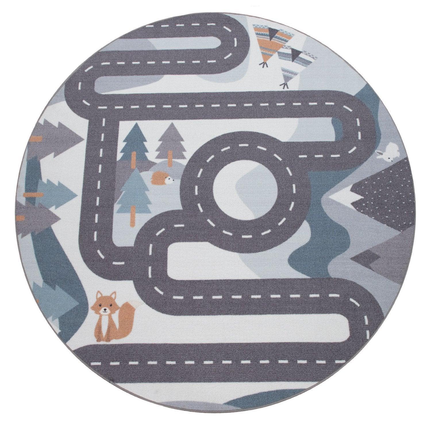 Kids Play Rug For Nursery Road With Forest Animals grey blue RugYourHome