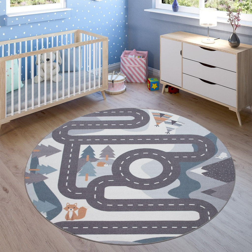 Kids Play Rug For Nursery Road With Forest Animals grey blue RugYourHome