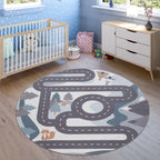 Kids Play Rug For Nursery Road With Forest Animals grey blue RugYourHome