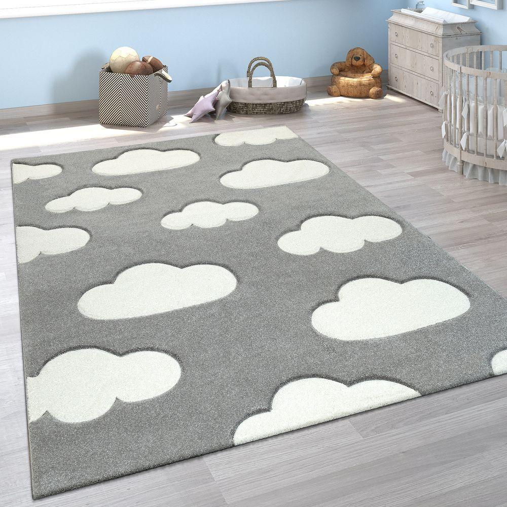 Kids Room Rug Cosmo with Clouds in Pastel Grey White RugYourHome