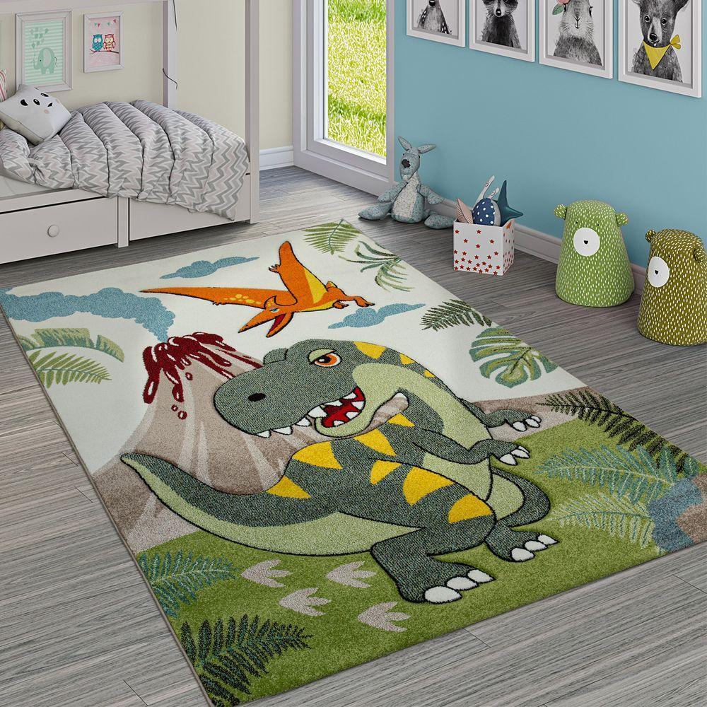 Kids Room Rug Dinosaur Jungle Volcano 3D in Green RugYourHome