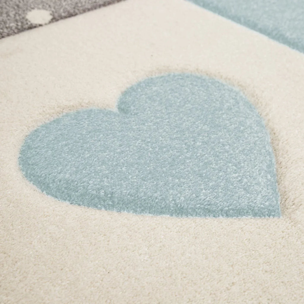 Kids Rug Checked Dots Hearts & Crowns in Pastel Blue Grey RugYourHome