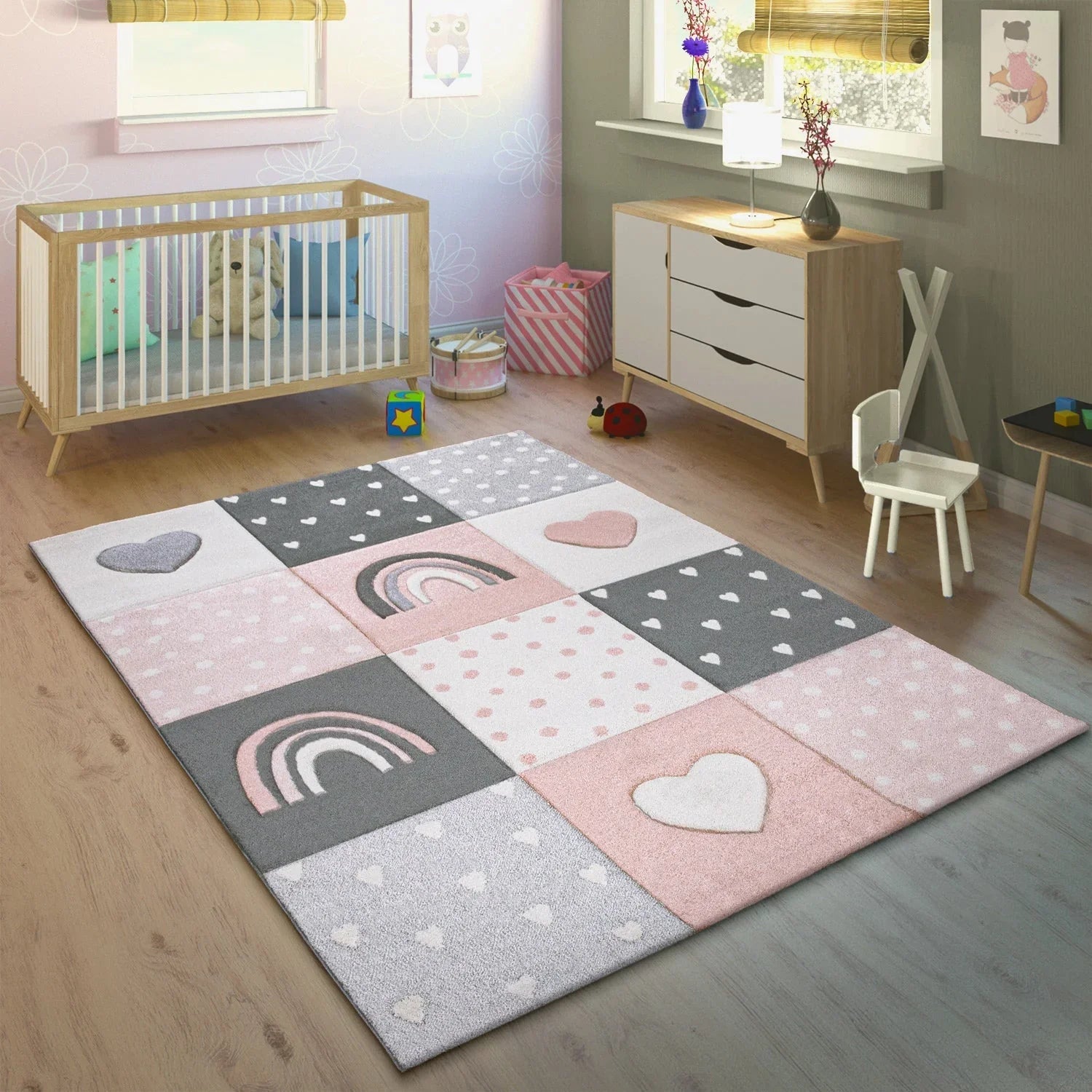 Kids Rug Cosmo Checkered with Rainbows & Hearts - Pink White RugYourHome