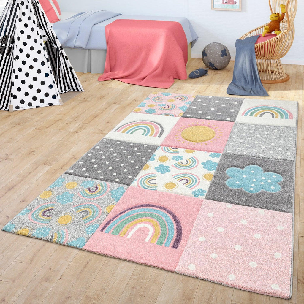 Kids Rug Cosmo with Rainbow & Clouds in Colorful Pink, front view - House Of Avana