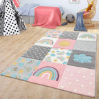 Kids Rug Cosmo with Rainbow & Clouds in Colorful Pink, front view - House Of Avana
