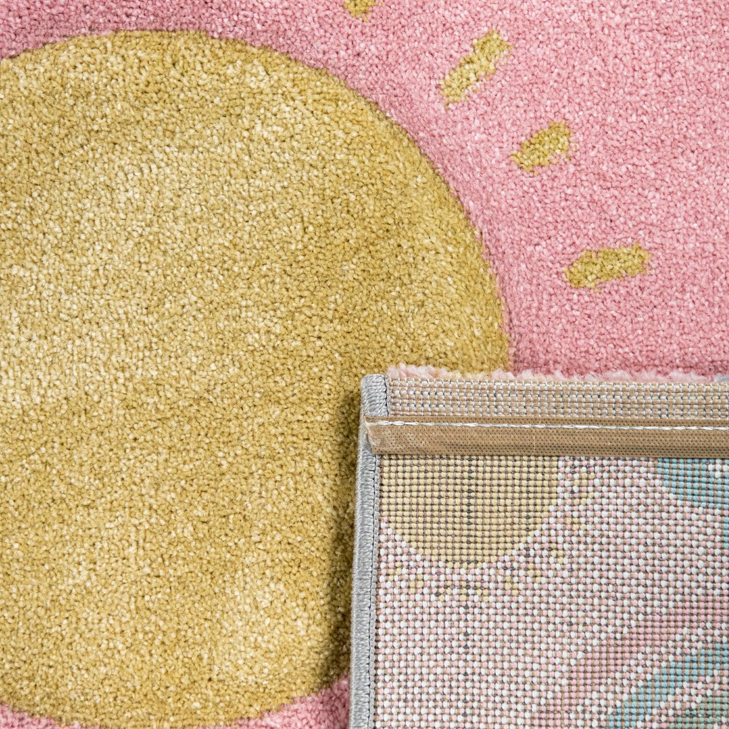 Kids Rug Cosmo with Rainbow & Clouds in Colorful Pink, detail shot - House Of Avana