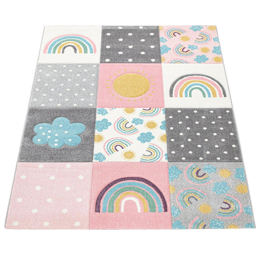 Kids Rug Cosmo with Rainbow & Clouds in Colorful Pink, lifestyle image - House Of Avana