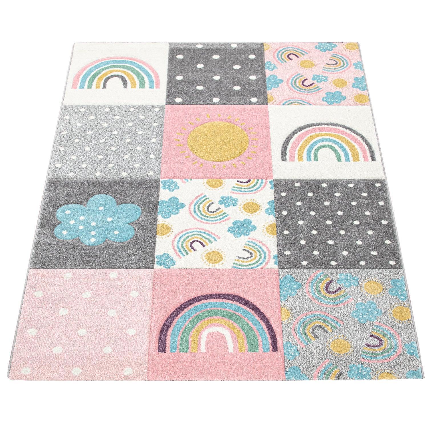 Kids Rug Cosmo with Rainbow & Clouds in Colorful Pink, lifestyle image - House Of Avana