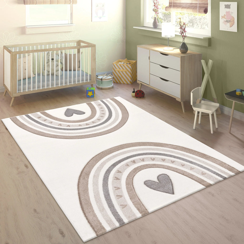 Kids Rug Cosmo with Rainbow & Hearts in Cream, front view - House Of Avana