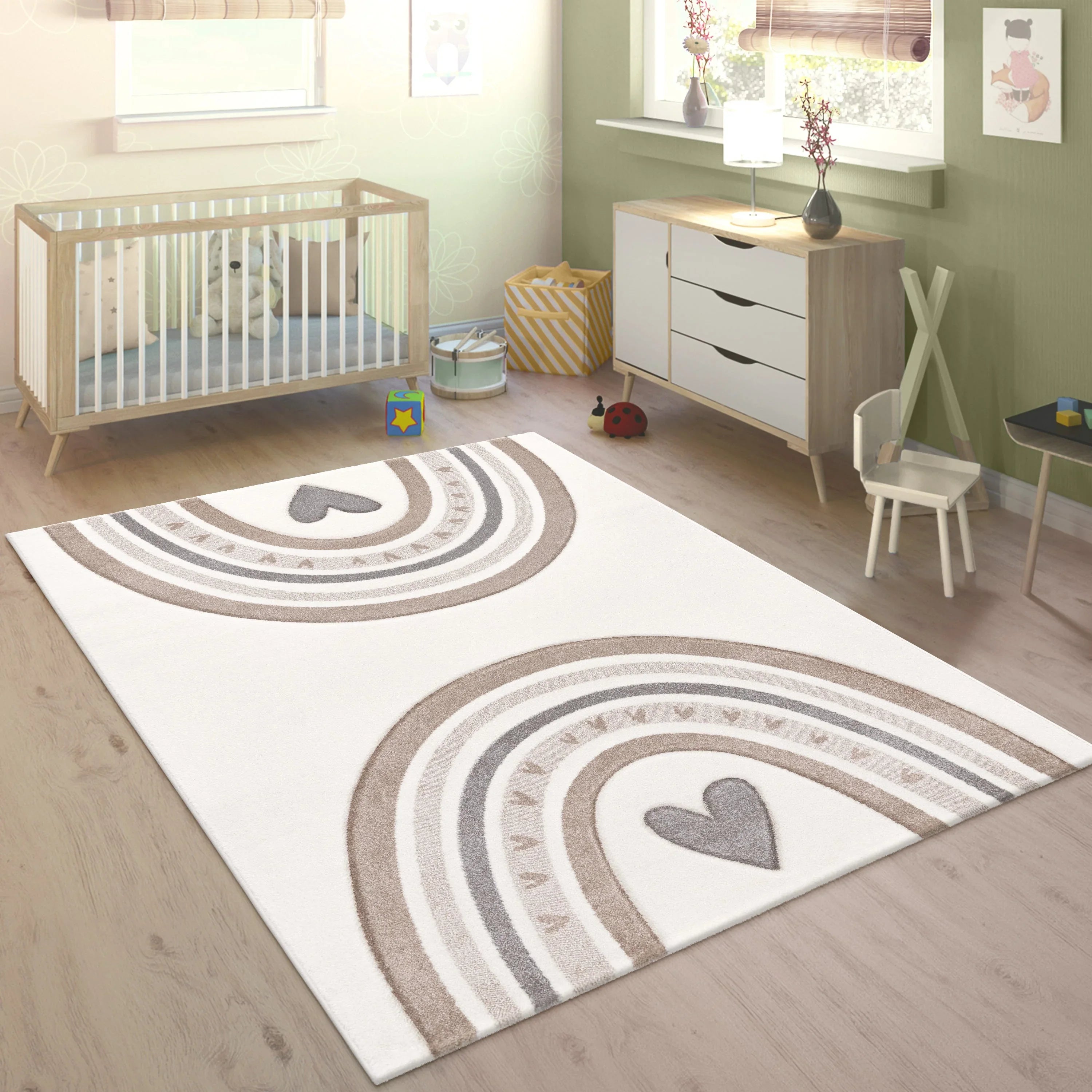 Kids Rug Cosmo with Rainbow & Hearts in Cream, front view - House Of Avana
