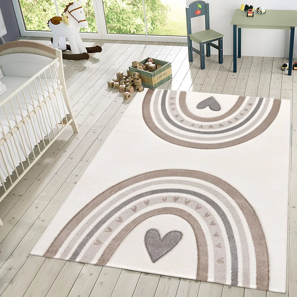Kids Rug Cosmo with Rainbow & Hearts in Cream, lifestyle image - House Of Avana