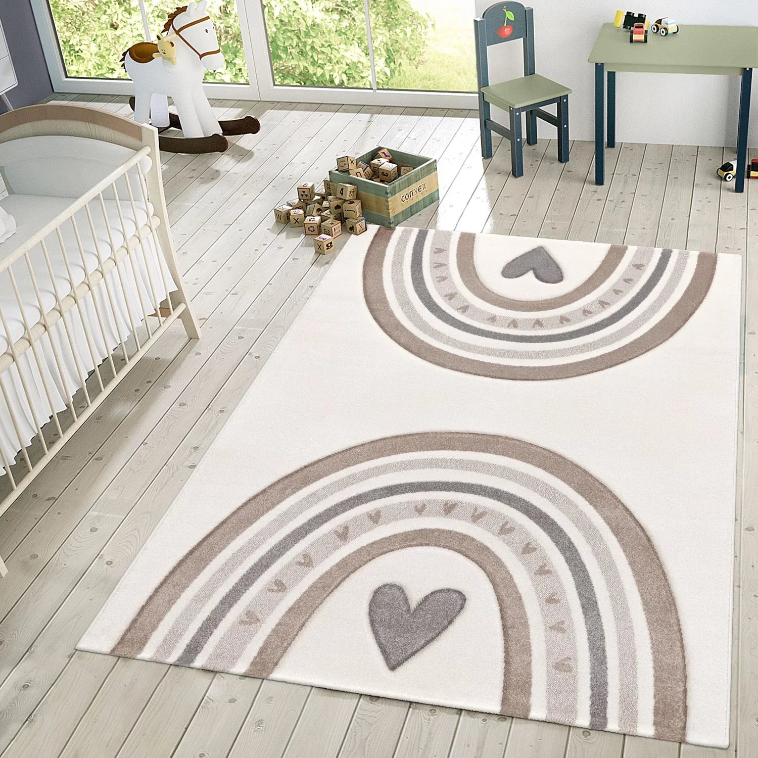 Kids Rug Cosmo with Rainbow & Hearts in Cream, lifestyle image - House Of Avana