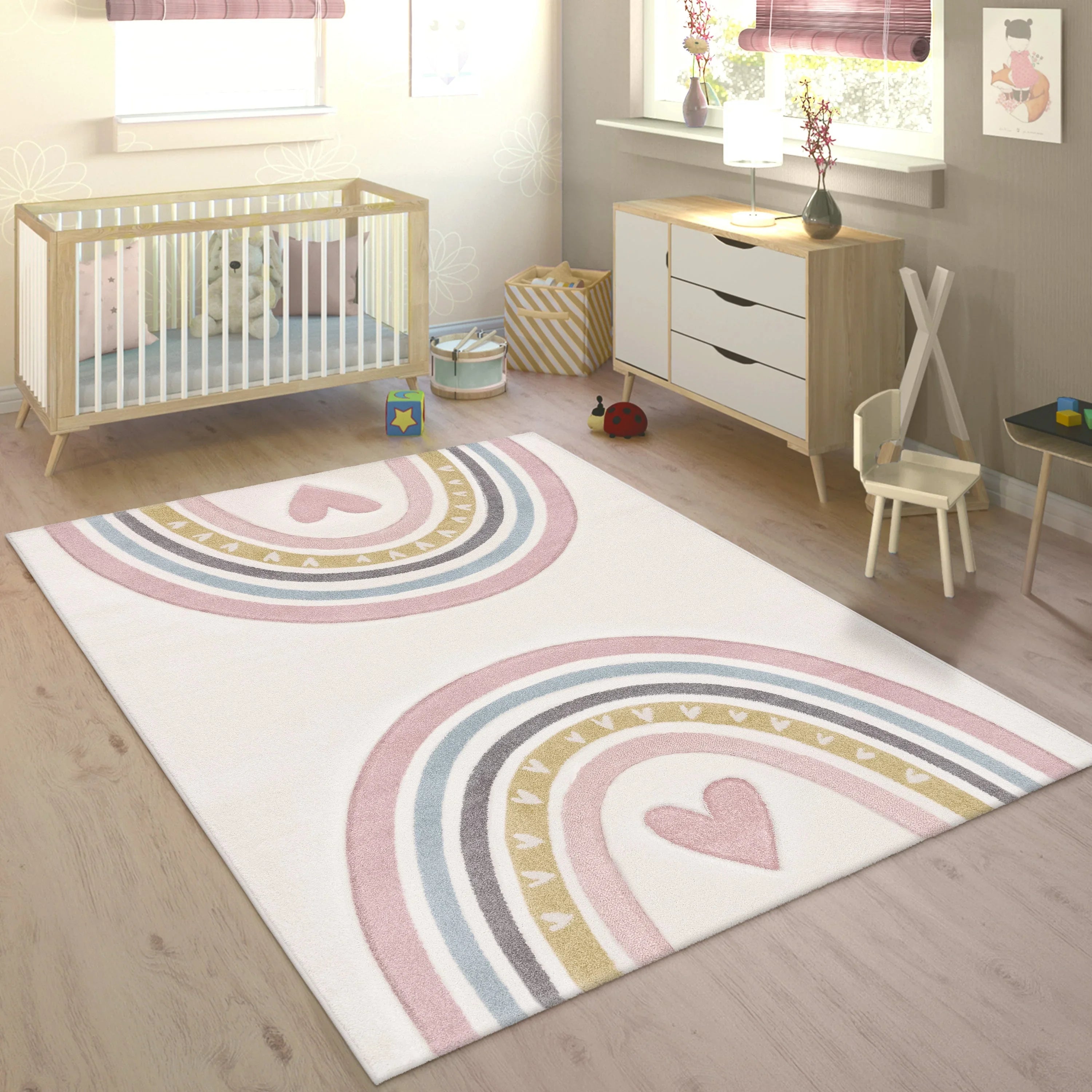 Kids Rug Cosmo with Rainbow & Hearts in Cream, angled view - House Of Avana