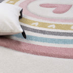 Kids Rug Cosmo with Rainbow & Hearts in Cream, angled view - House Of Avana