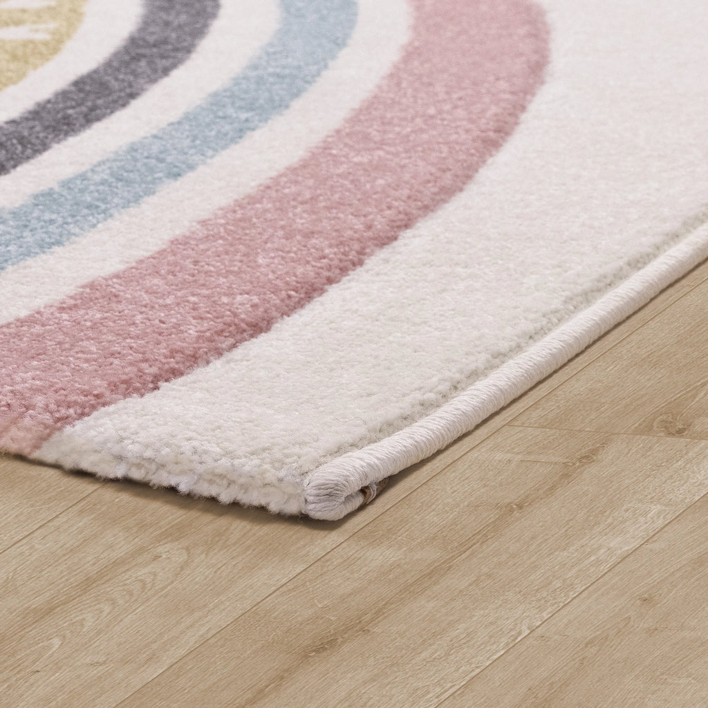 Kids Rug Cosmo with Rainbow & Hearts in Cream, angled view - House Of Avana