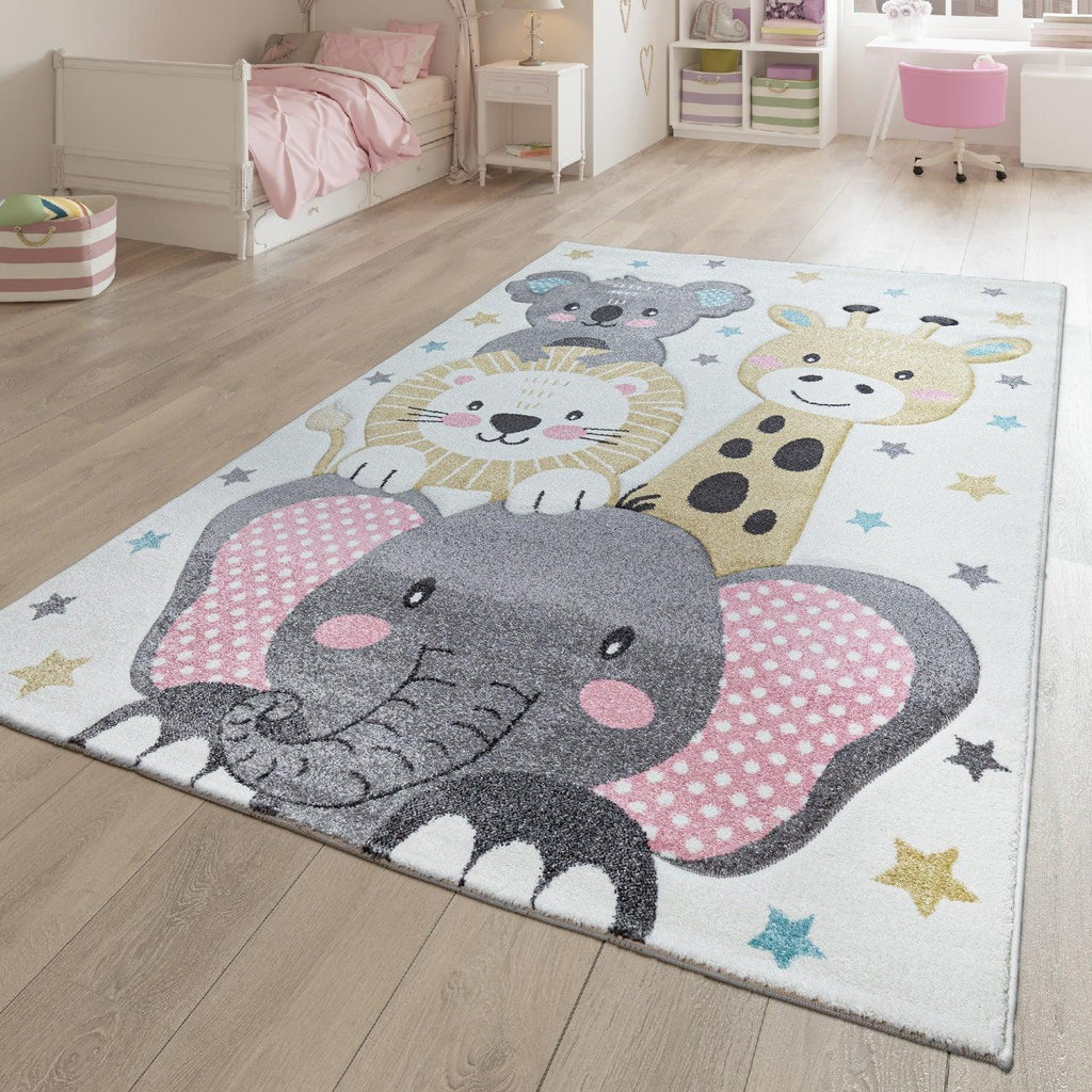 Cream pastel kids rug with happy animals design, soft nursery décor - House of Avana