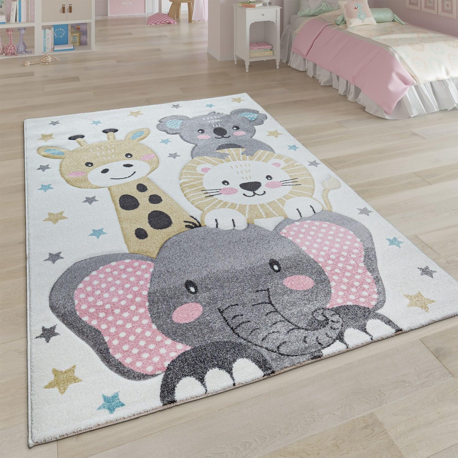 Cream pastel kids rug with happy animals design, soft nursery décor - House of Avana
