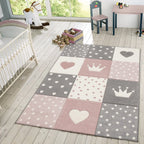 Kids Rug Dots Hearts Crowns Checked White Pink Pastel RugYourHome