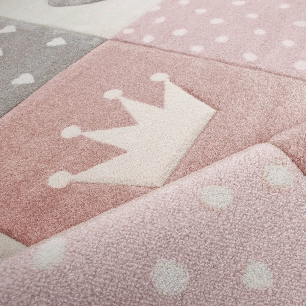 Kids Rug Dots Hearts Crowns Checked White Pink Pastel RugYourHome