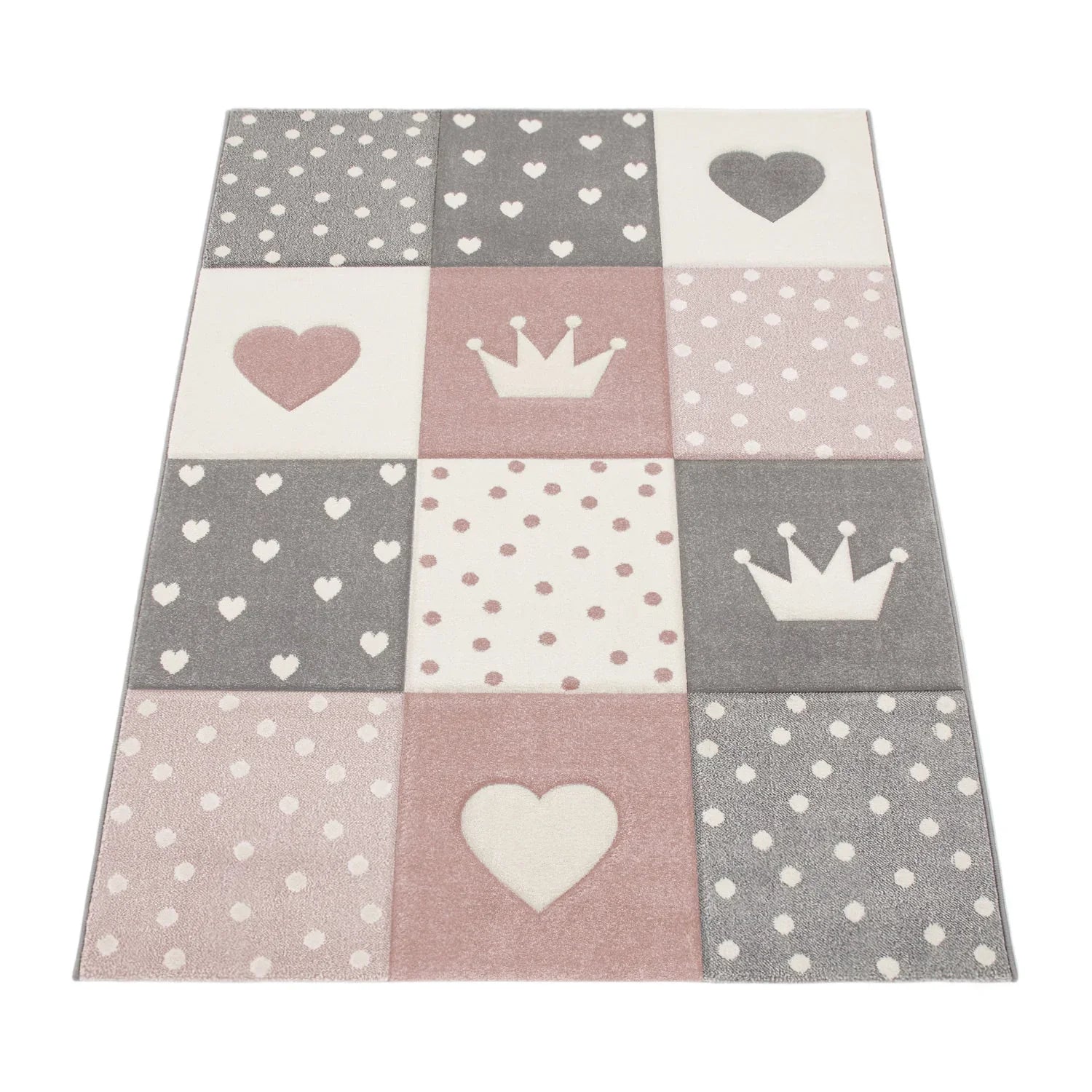 Kids Rug Dots Hearts Crowns Checked White Pink Pastel RugYourHome