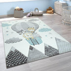 Kids Rug Hot Air Balloon Animals Clouds in Pastel Cream RugYourHome