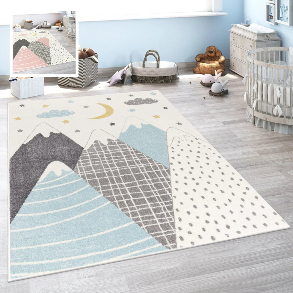 Kids Rug Nino Pastel Colored Mountains & Dreamy Sky, front view - House Of Avana