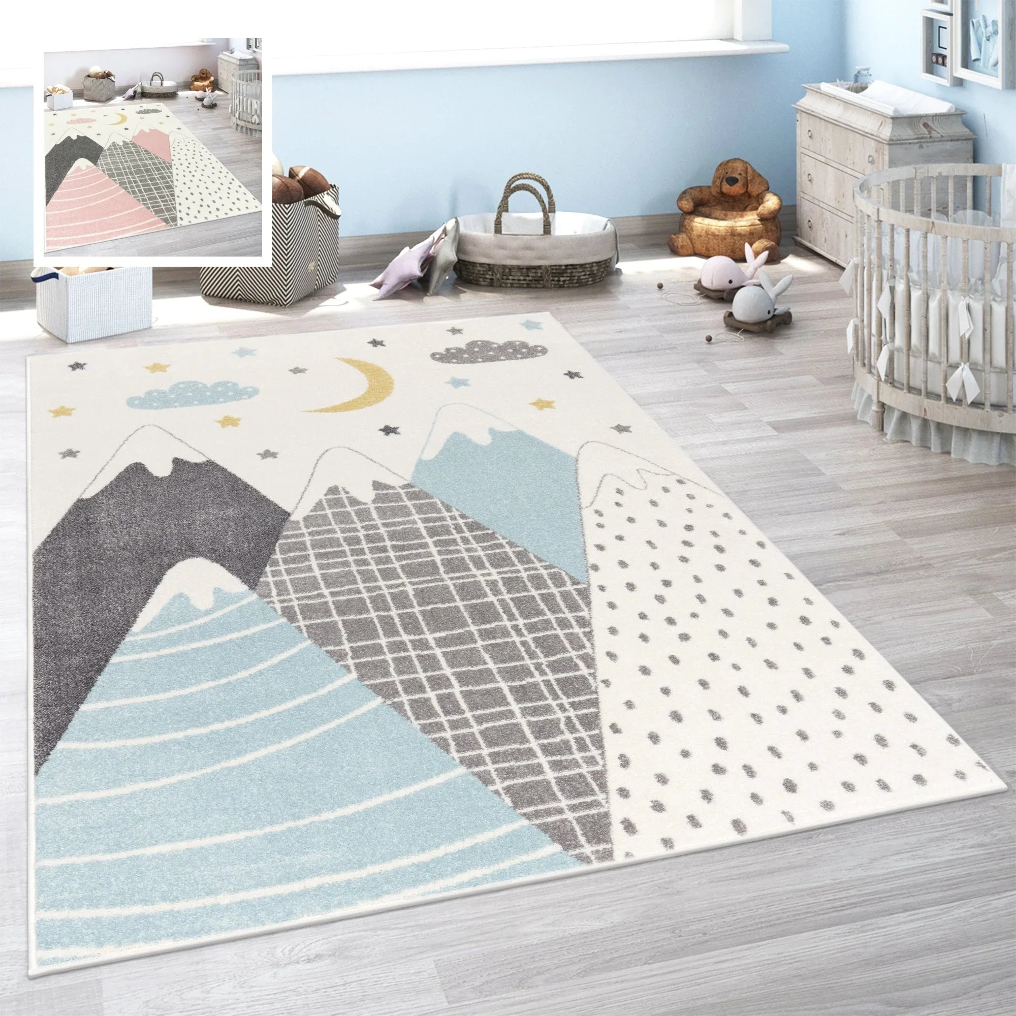 Kids Rug Nino Pastel Colored Mountains & Dreamy Sky, front view - House Of Avana