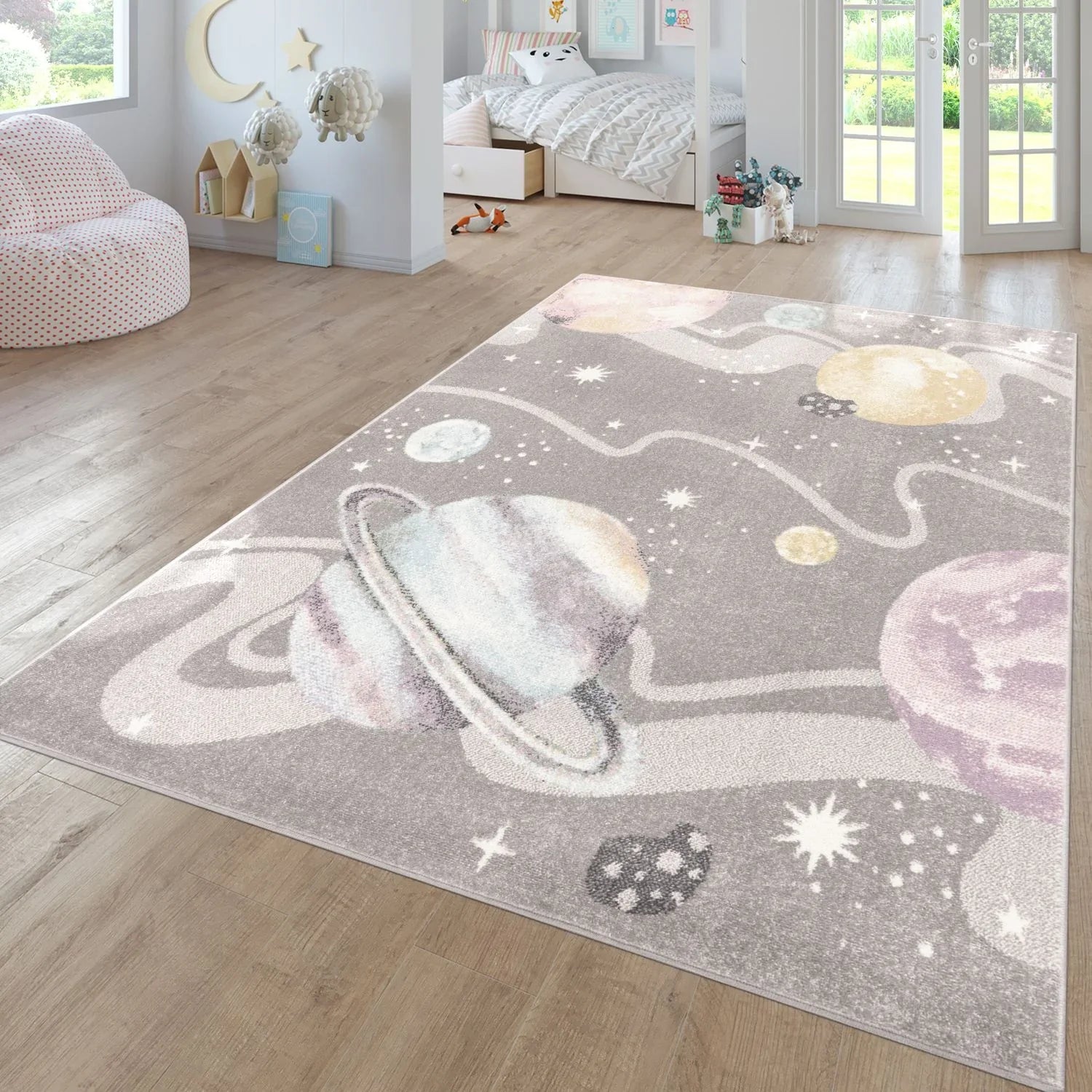 Kids Rug Nino Space with pastel colored Planets and Stars in Grey RugYourHome