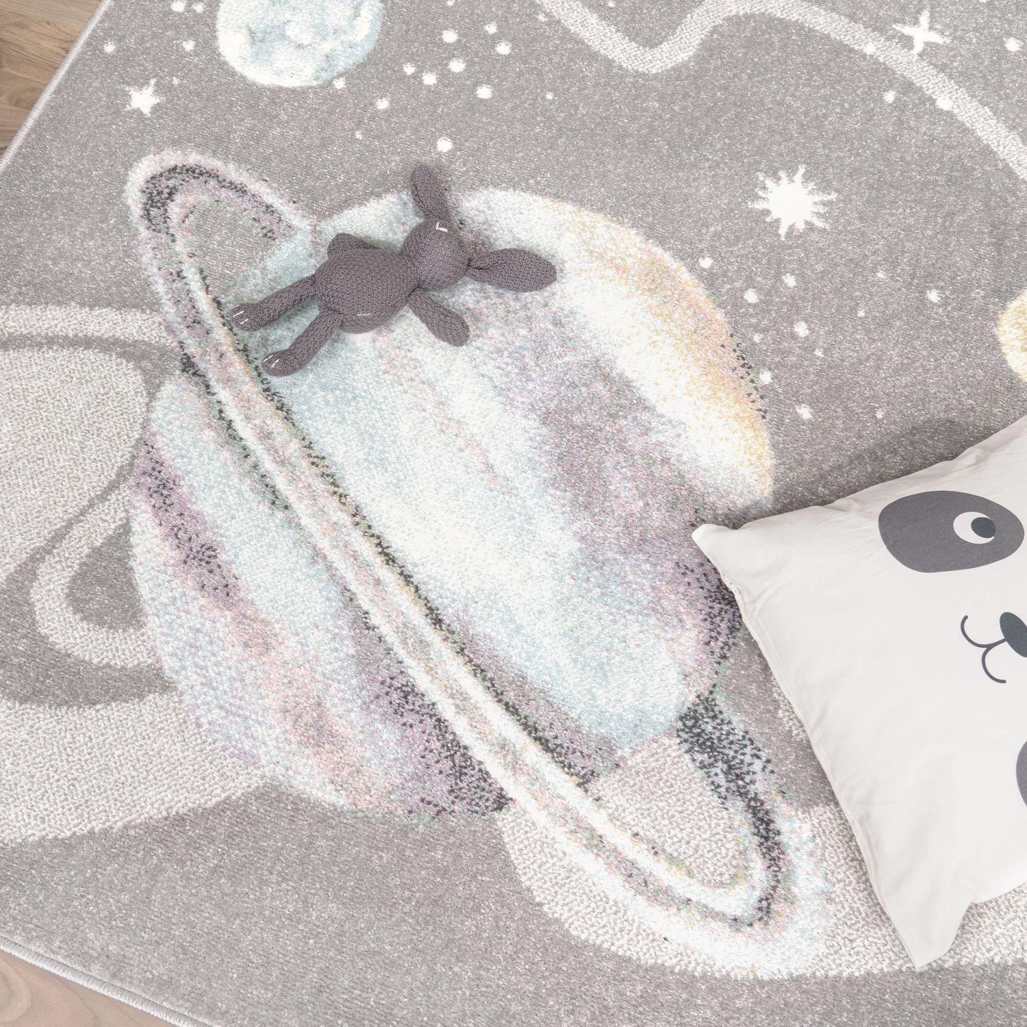 Kids Rug Nino Space with pastel colored Planets and Stars in Grey RugYourHome