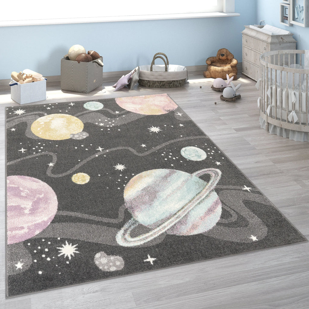 Kids Rug Nino Space with Pastel Colored Planets Stars in Anthracite, lifestyle image - House Of Avana