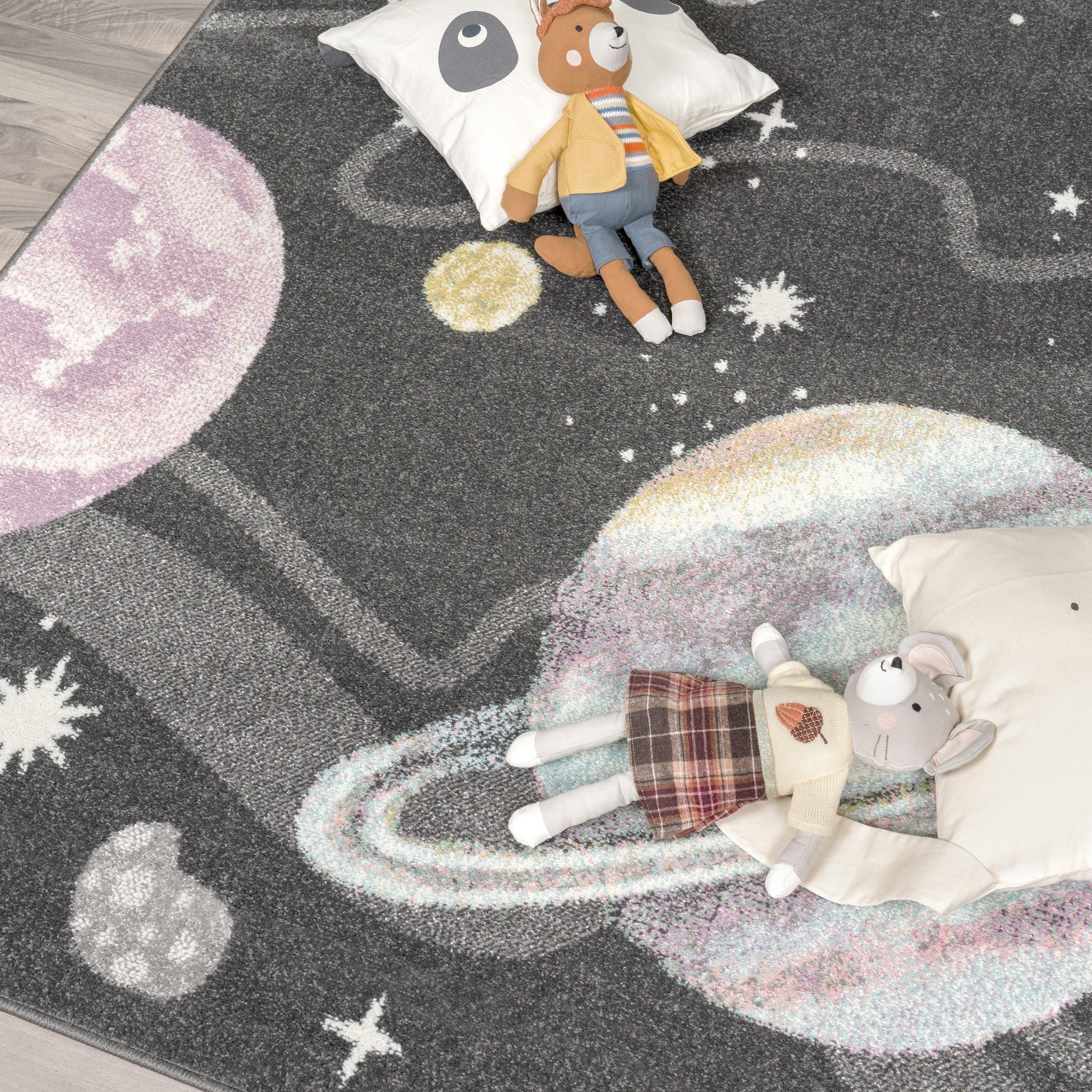 Kids Rug Nino Space with Pastel Colored Planets Stars in Anthracite, top view - House Of Avana