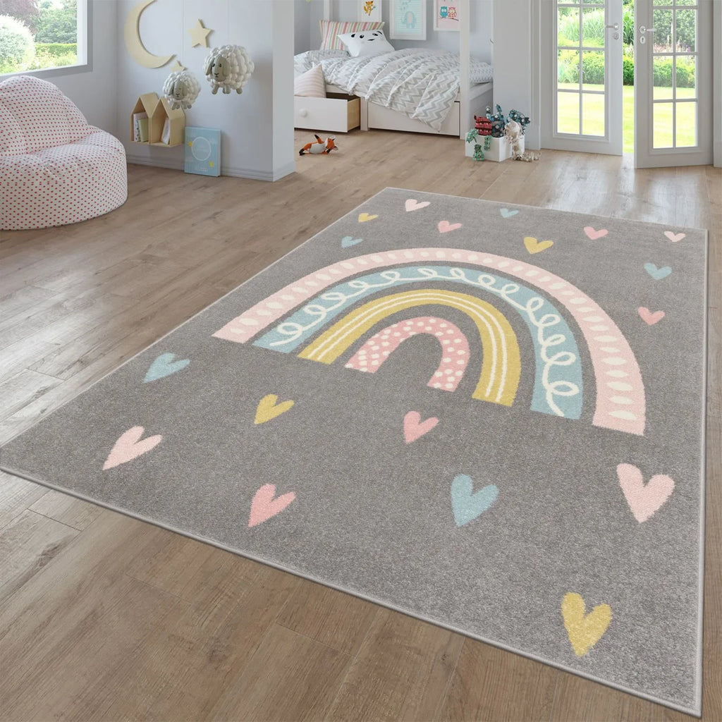 Kids Rug Nino with Rainbow and Hearts for Nursery in Grey RugYourHome