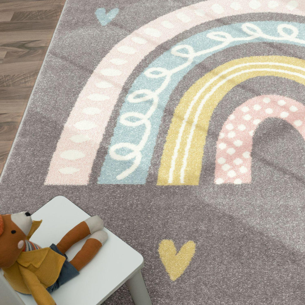 Kids Rug Nino with Rainbow and Hearts for Nursery in Grey RugYourHome