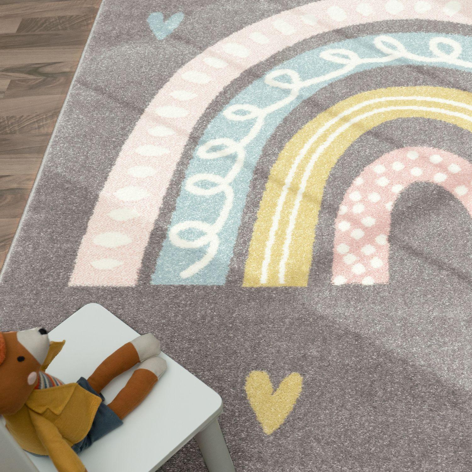 Kids Rug Nino with Rainbow and Hearts for Nursery in Grey RugYourHome