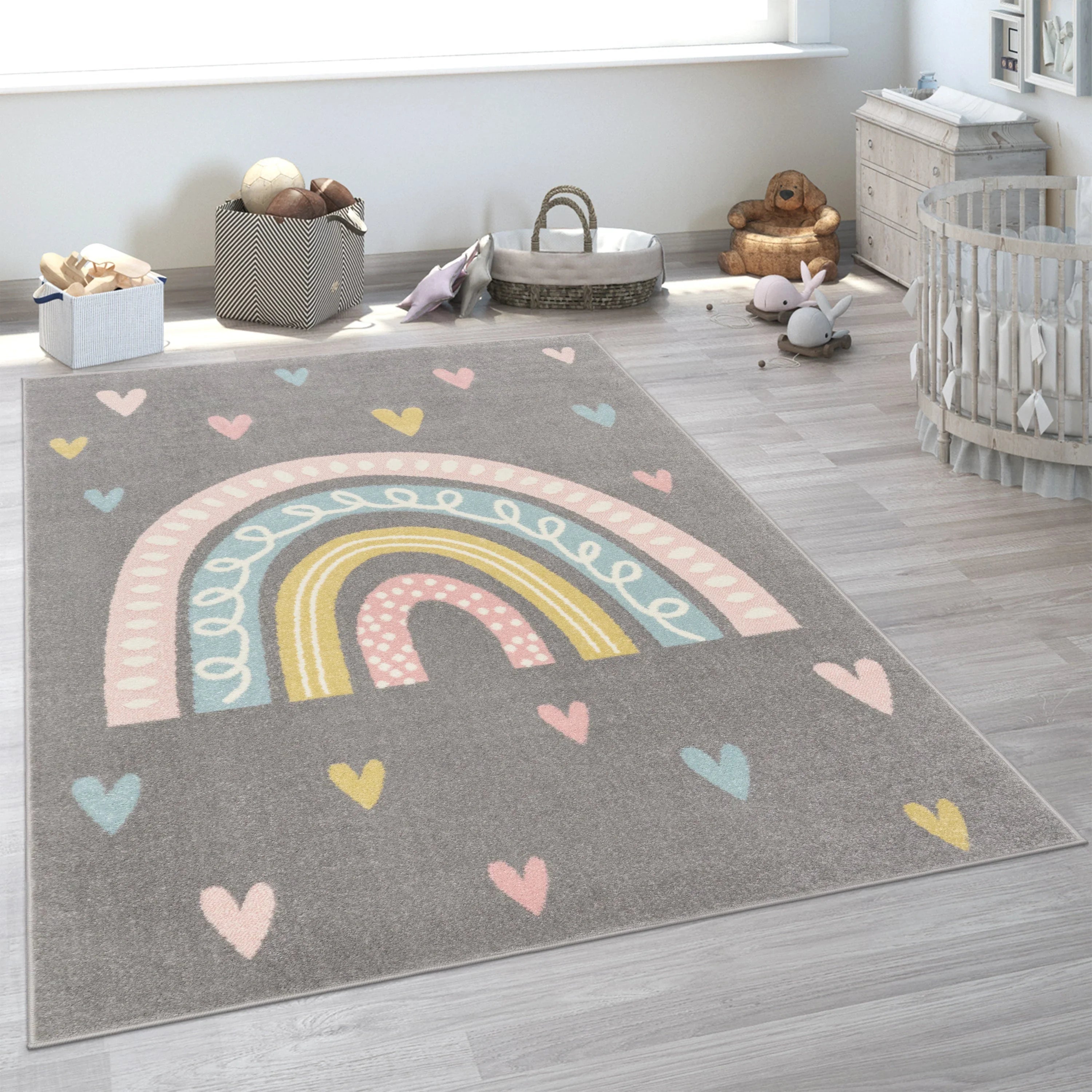 Kids Rug Nino with Rainbow and Hearts for Nursery in Grey RugYourHome