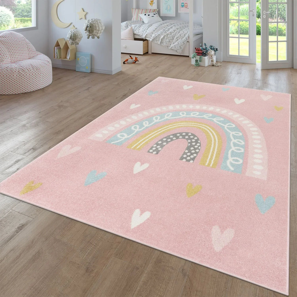 Kids Rug Nino with Rainbow and Hearts for Nursery in Pink RugYourHome