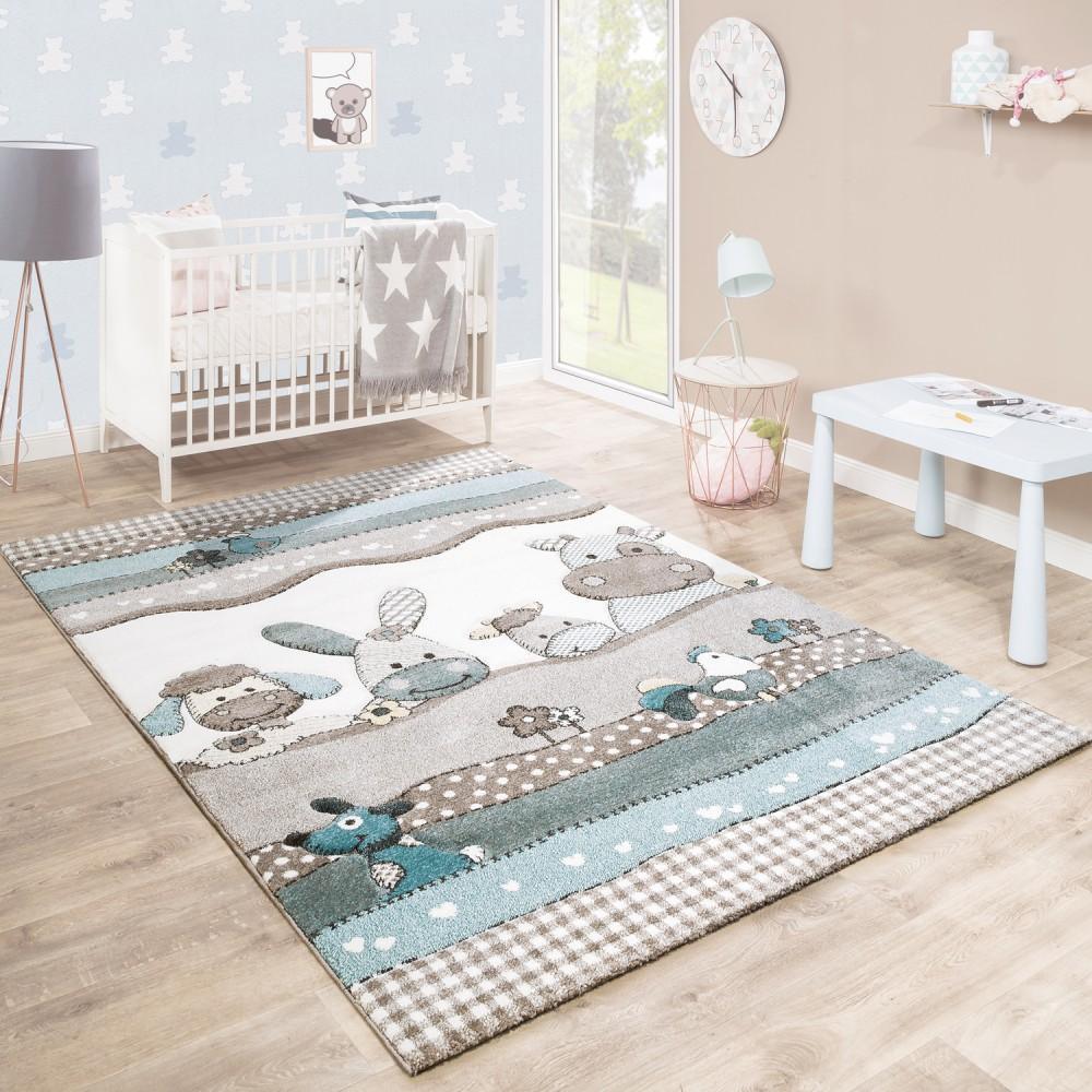 Kids Rug Nursery Contour Cut Farm Animals Beige Cream Pastel, front view - House Of Avana