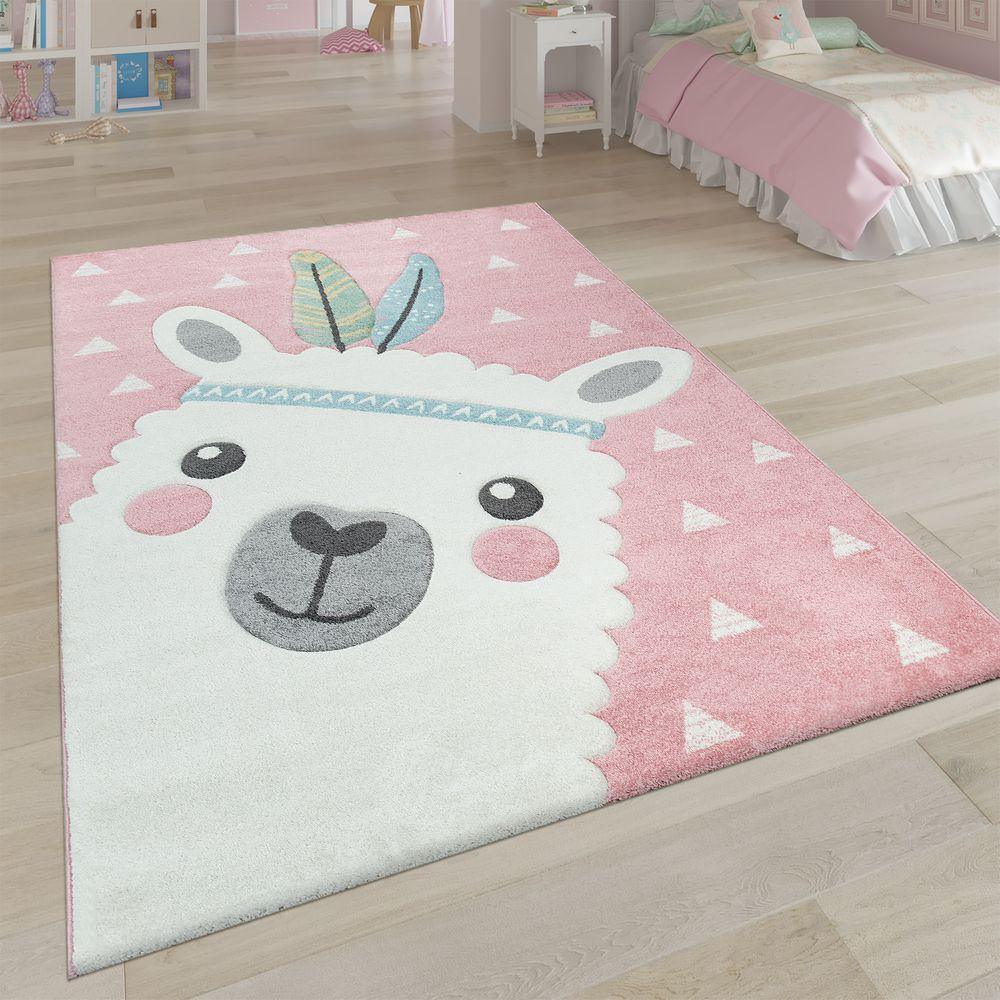 Kids Rug Nursery Cute Alpaca 3D Pink White Pastel RugYourHome