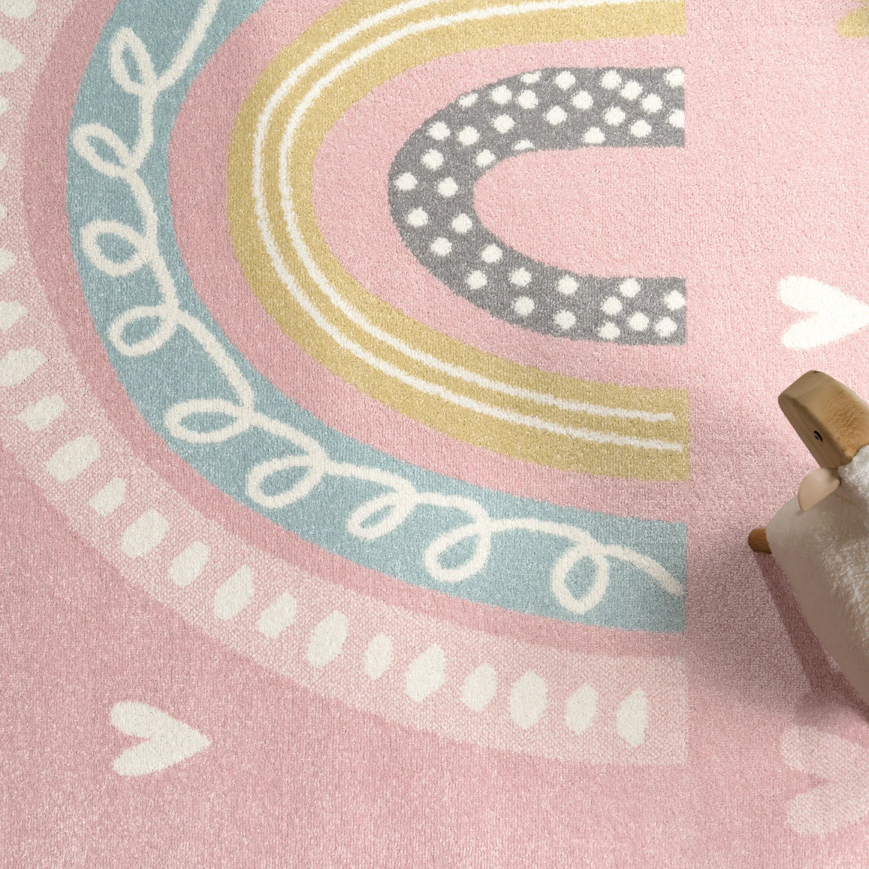 Pink rug with rainbow and hearts design, soft nursery rug - House of Avana
