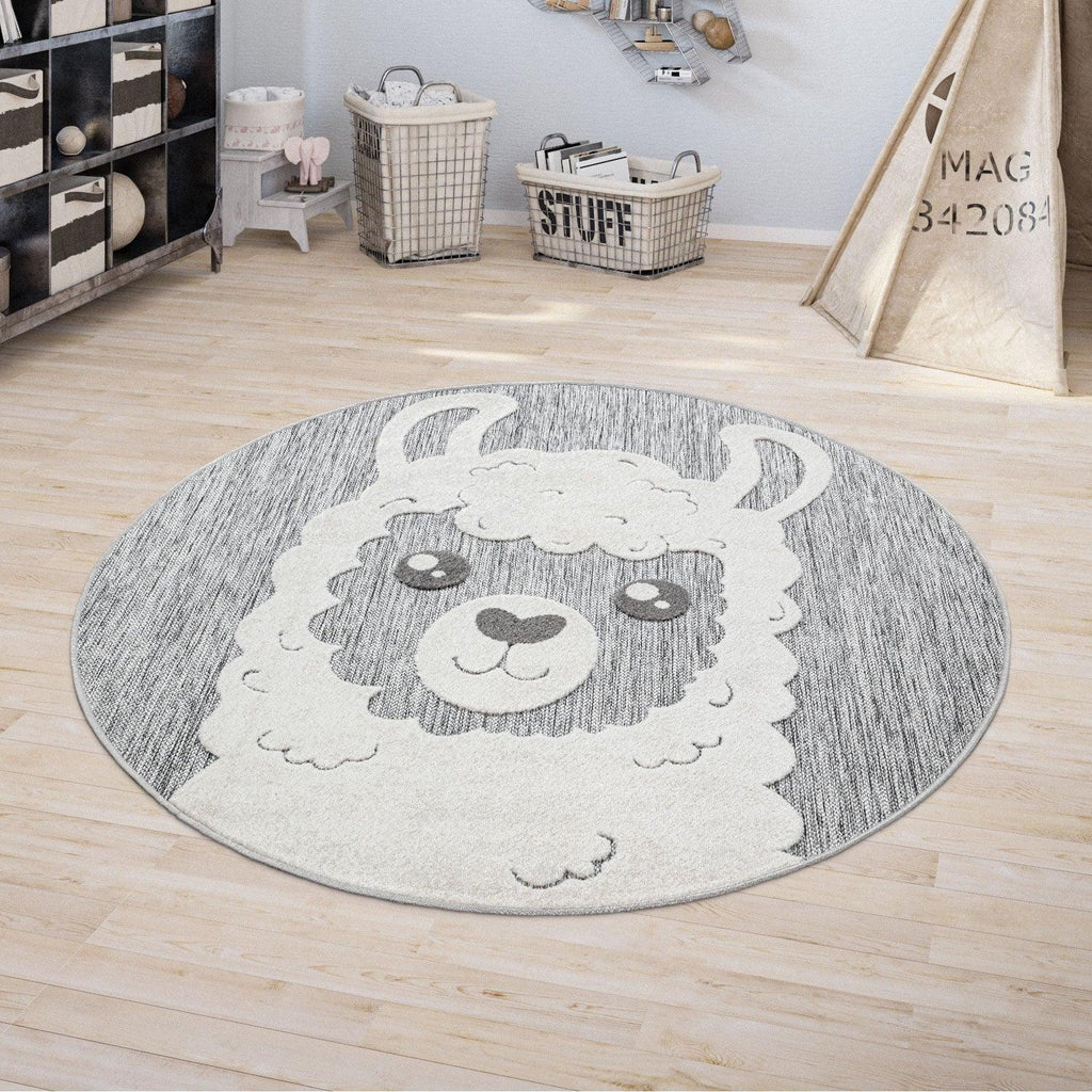 Kids Rug Tweet Round Play Mat Llama Motif in Mottled Grey RugYourHome