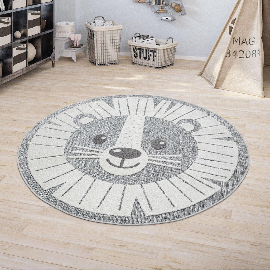Kids Rug Tweet with Lion Face Round Play Mat in Grey, front view - House Of Avana