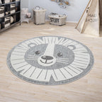Kids Rug Tweet with Lion Face Round Play Mat in Grey, front view - House Of Avana